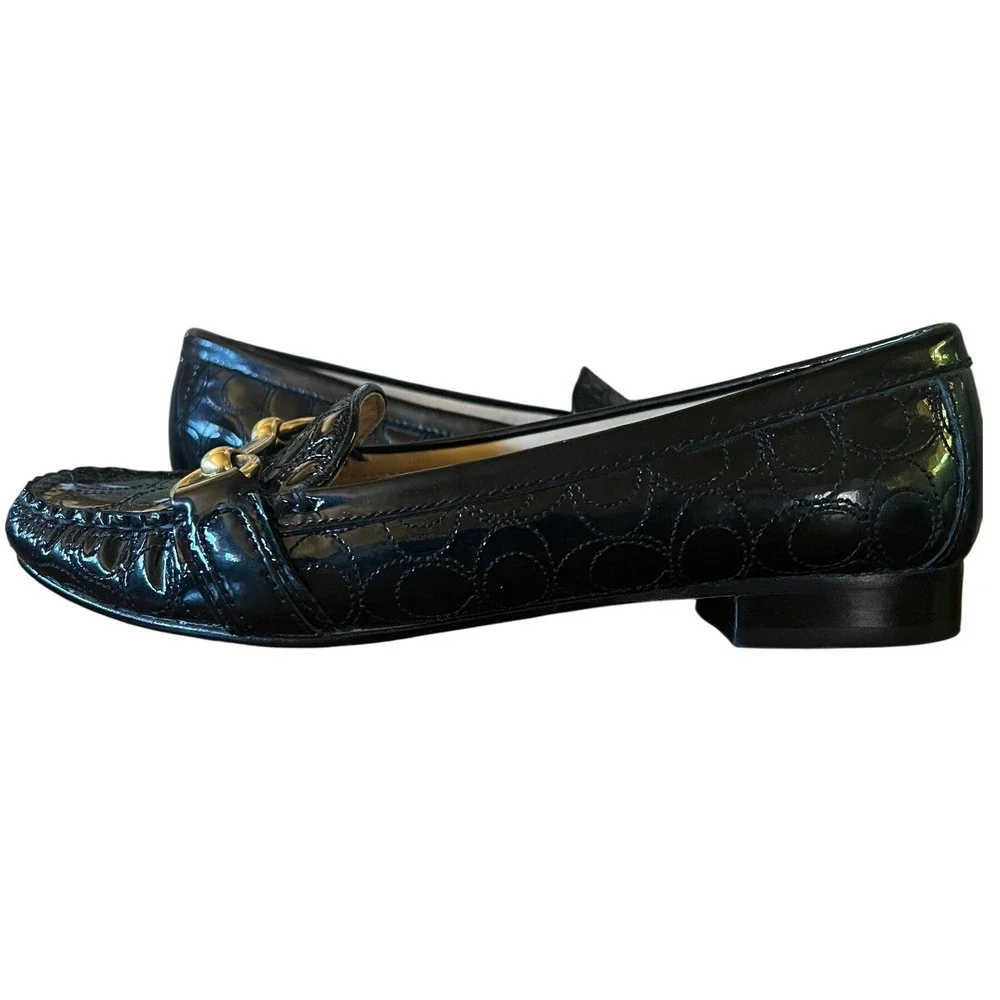 Coach Eve Black Patent Leather Signature Logo Preppy Horsebit Loafers Womens 5B